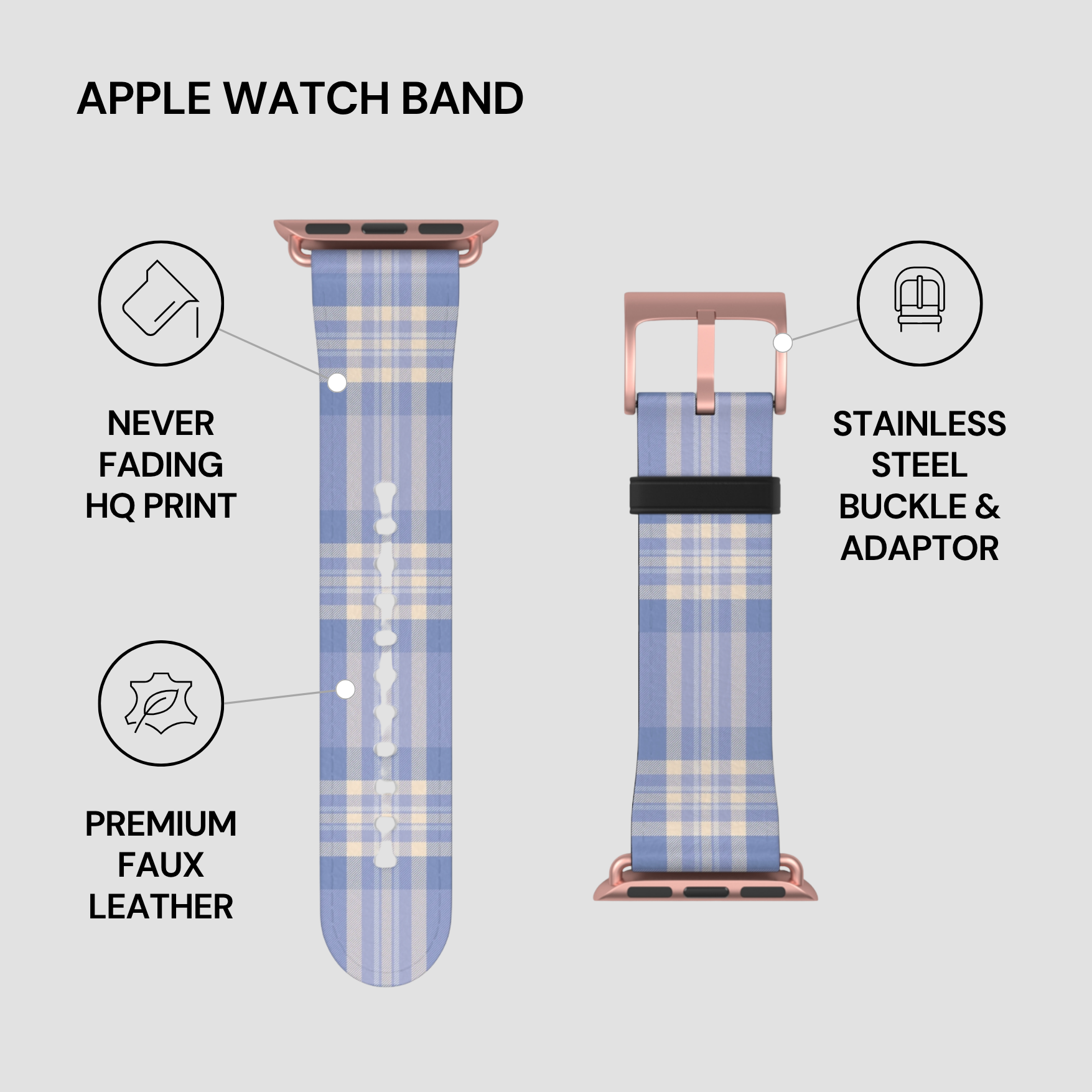 Plaid patterned Apple Watch band with features highlighted on a gray background