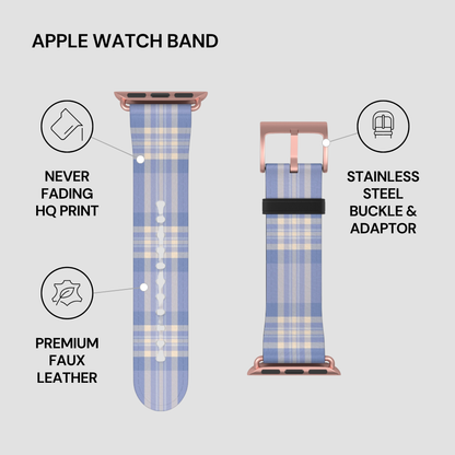 Plaid patterned Apple Watch band with features highlighted on a gray background