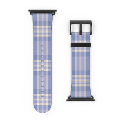 Blue and beige plaid watch band with black metal clasp on a white background