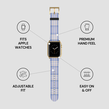Blue plaid watch strap with features listed on a gray background