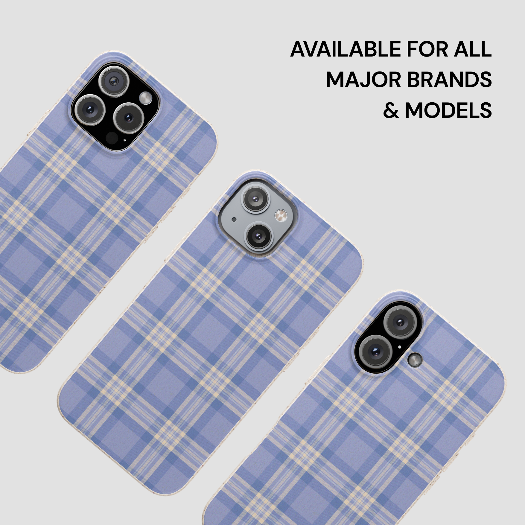 Three blue plaid phone cases on a light gray background with text about compatibility.
