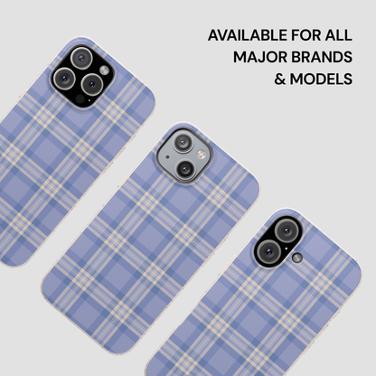 Three blue plaid phone cases on a light gray background with text about compatibility.