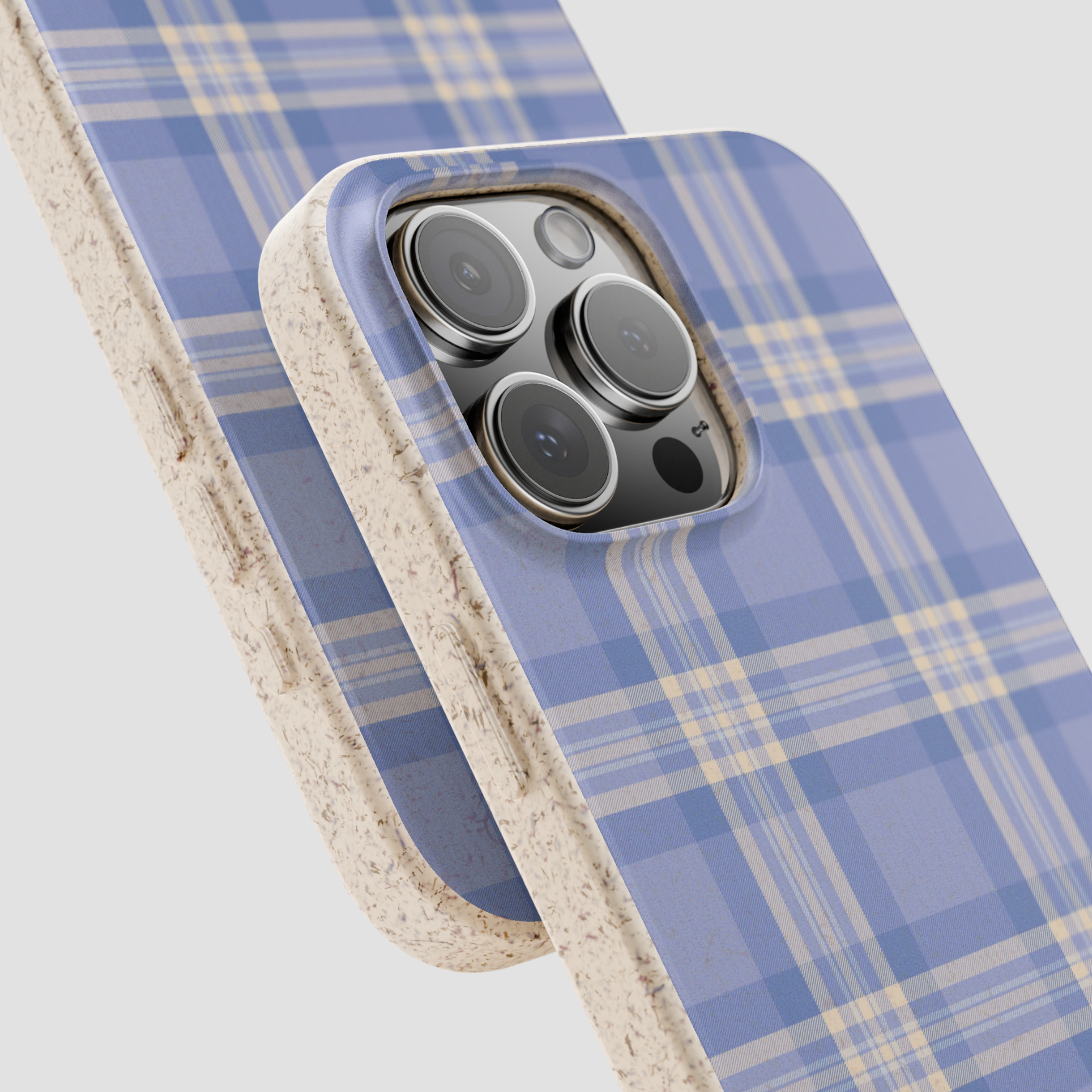Blue and beige plaid phone case on a white background