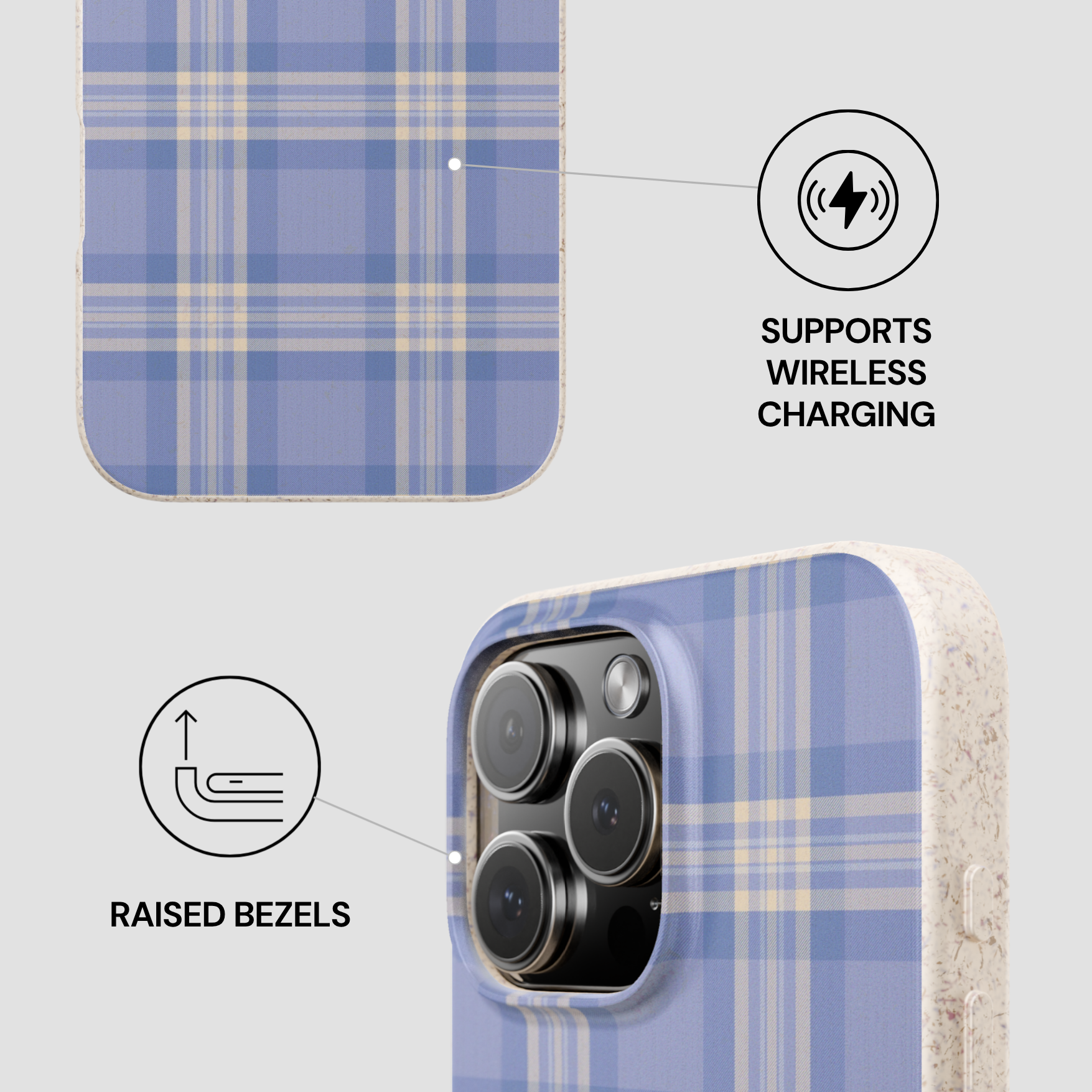 Phone case with plaid pattern, wireless charging symbol, and raised bezels text on a light gray background