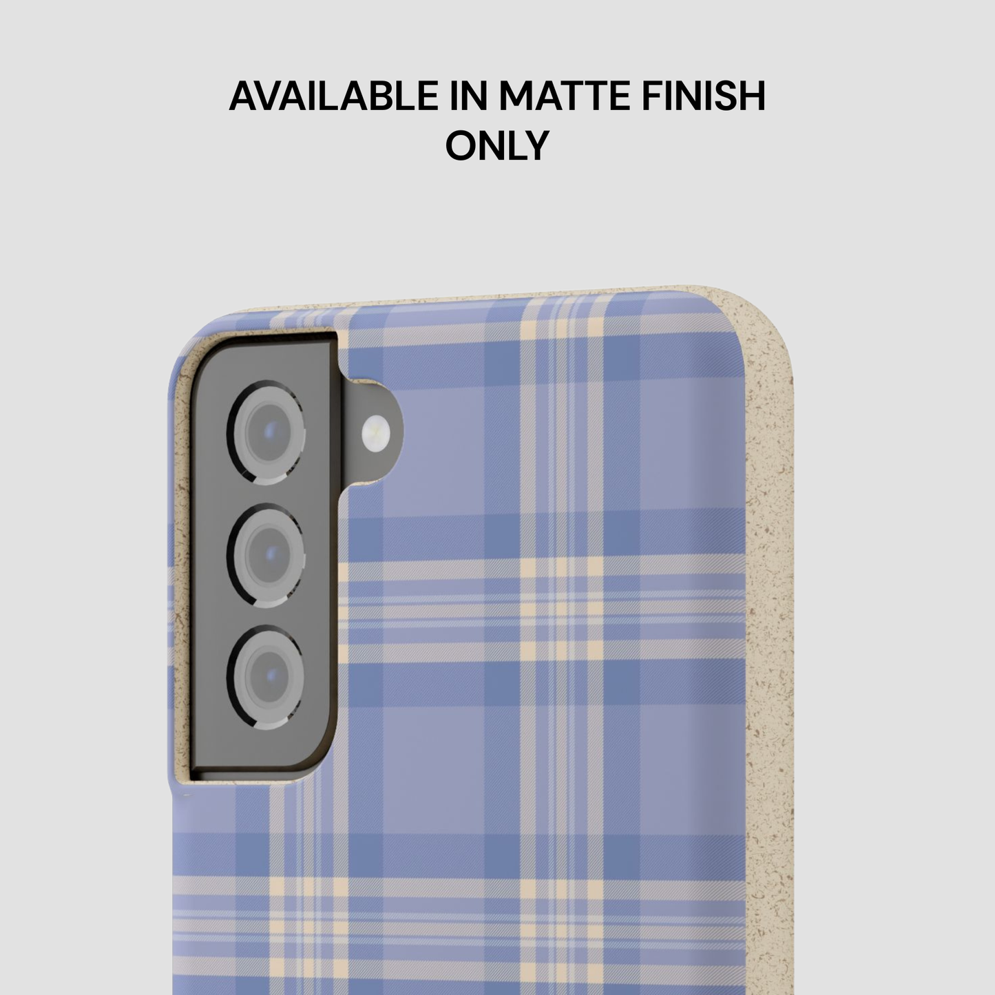 Blue plaid phone case with matte finish text on a light gray background