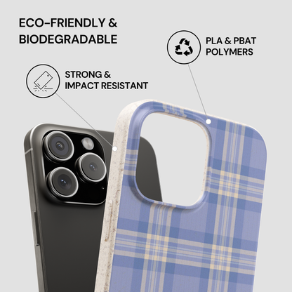 Blue plaid phone case with text highlighting eco-friendliness, biodegradability, strength, and impact resistance.