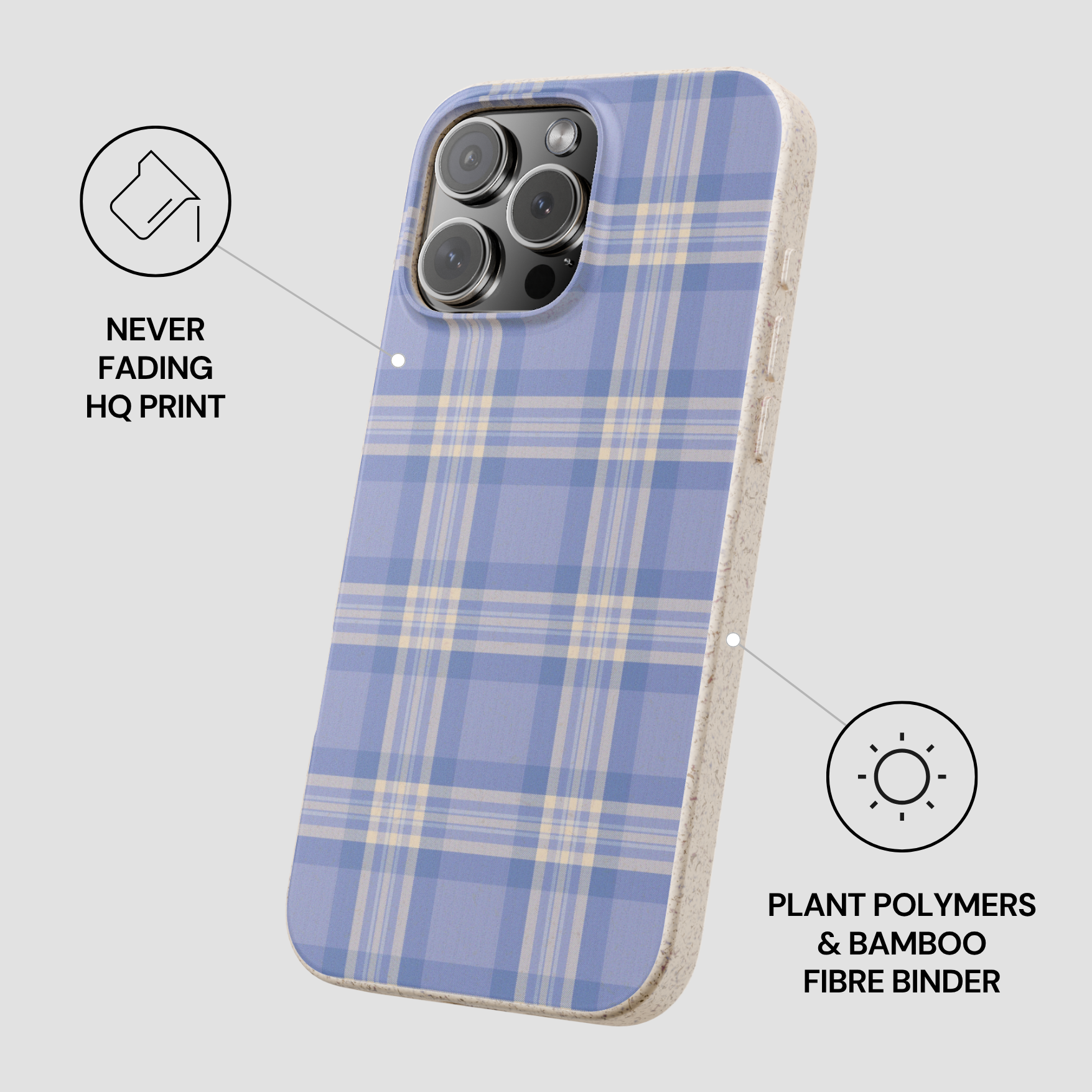 Phone case with blue and beige plaid pattern on a light gray background
