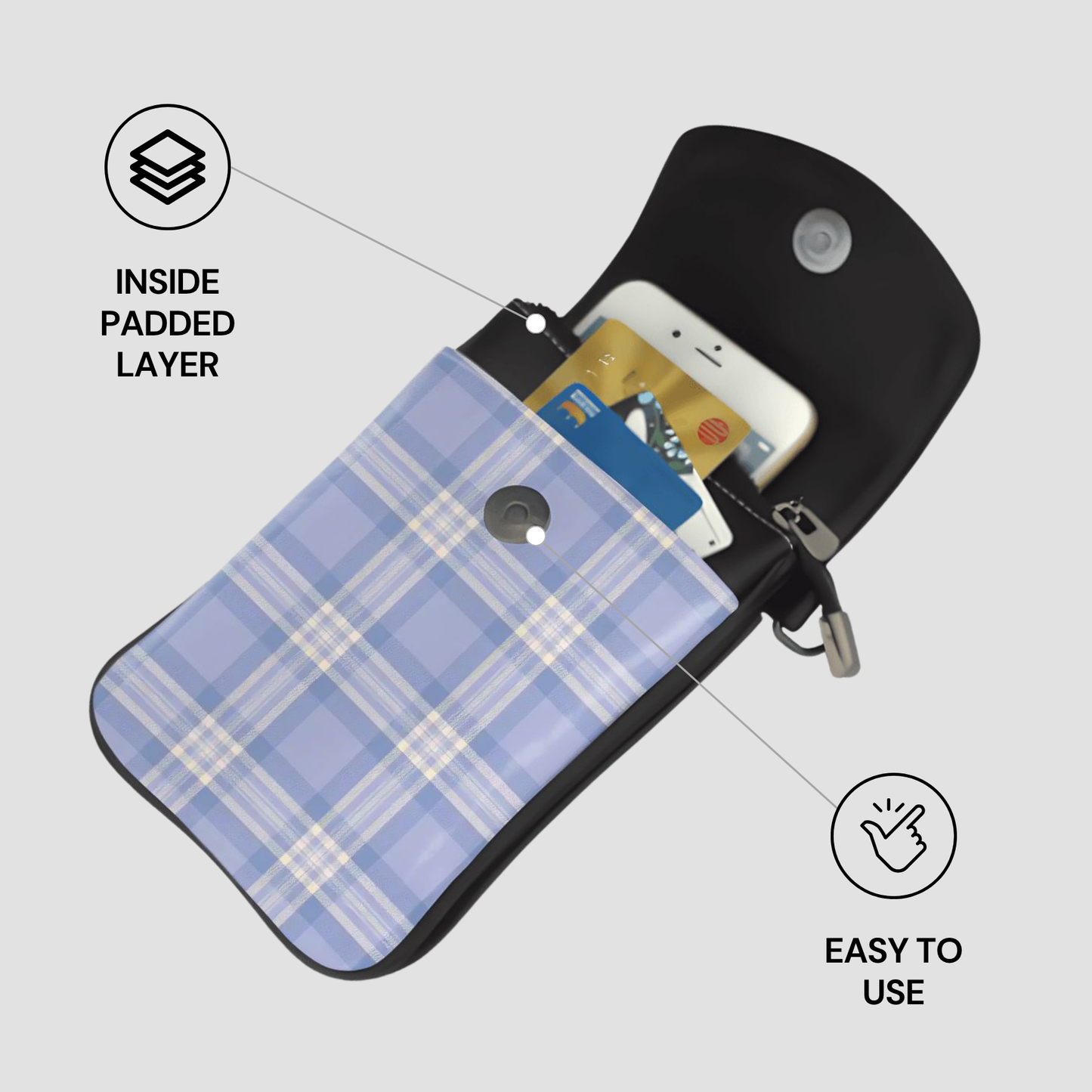 Black pouch with blue plaid interior holding a phone and cards, labeled 'Inside Padded Layer' and 'Easy to Use'.