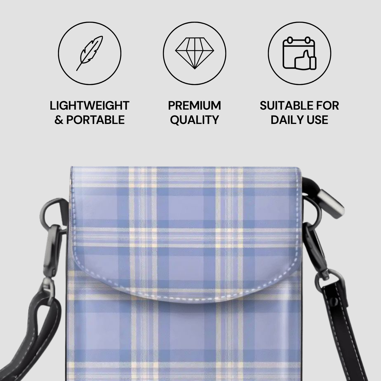 Blue plaid crossbody bag with icons and text on a light gray background