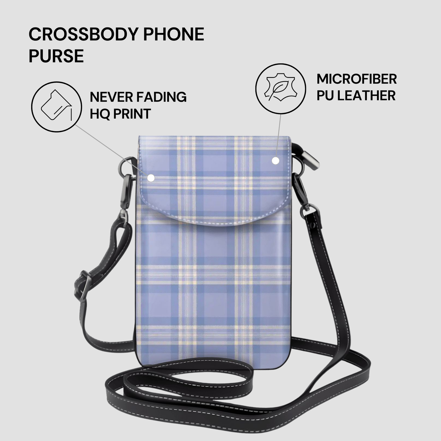 Crossbody phone purse with plaid pattern on a light gray background