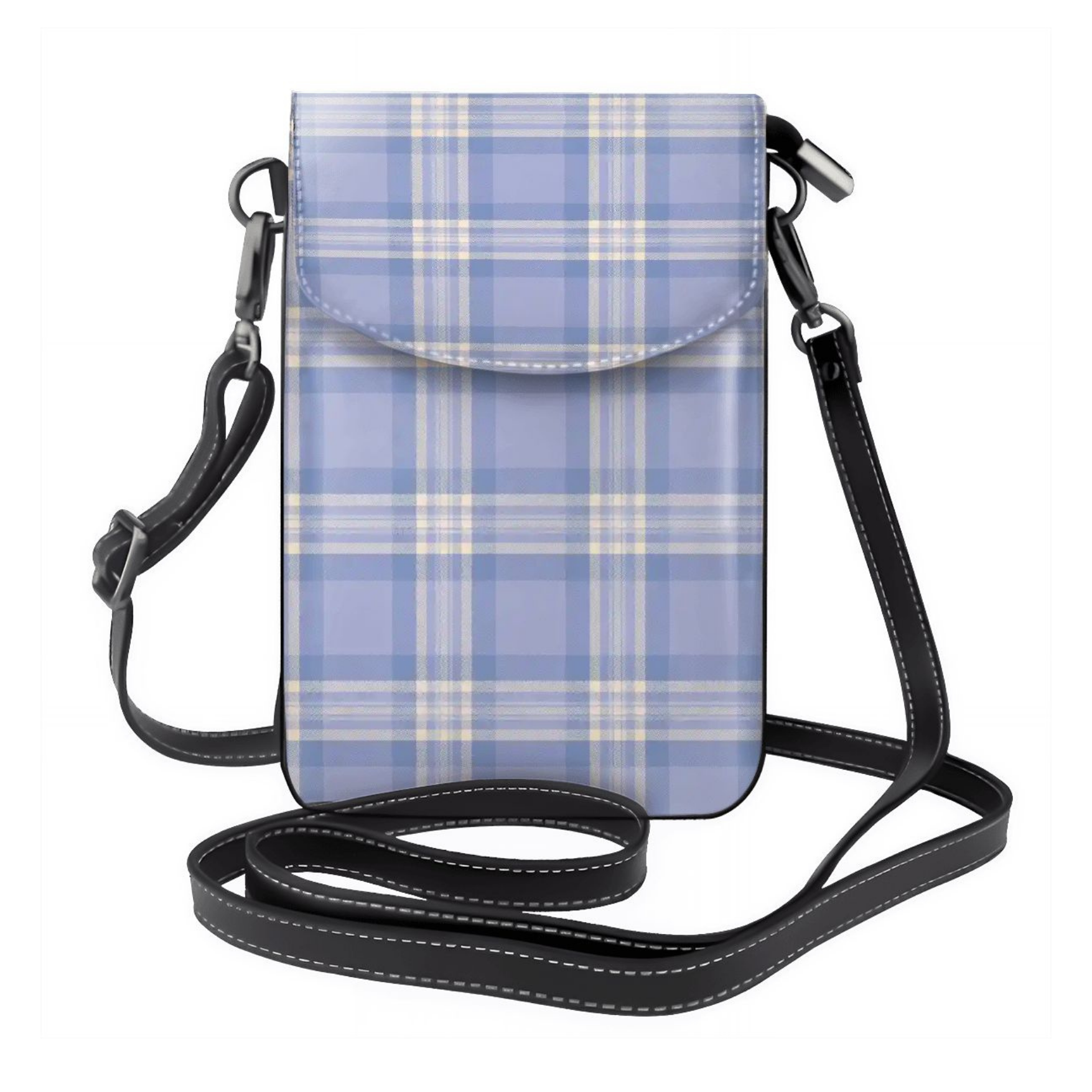 Blue plaid crossbody bag with a strap on a white background