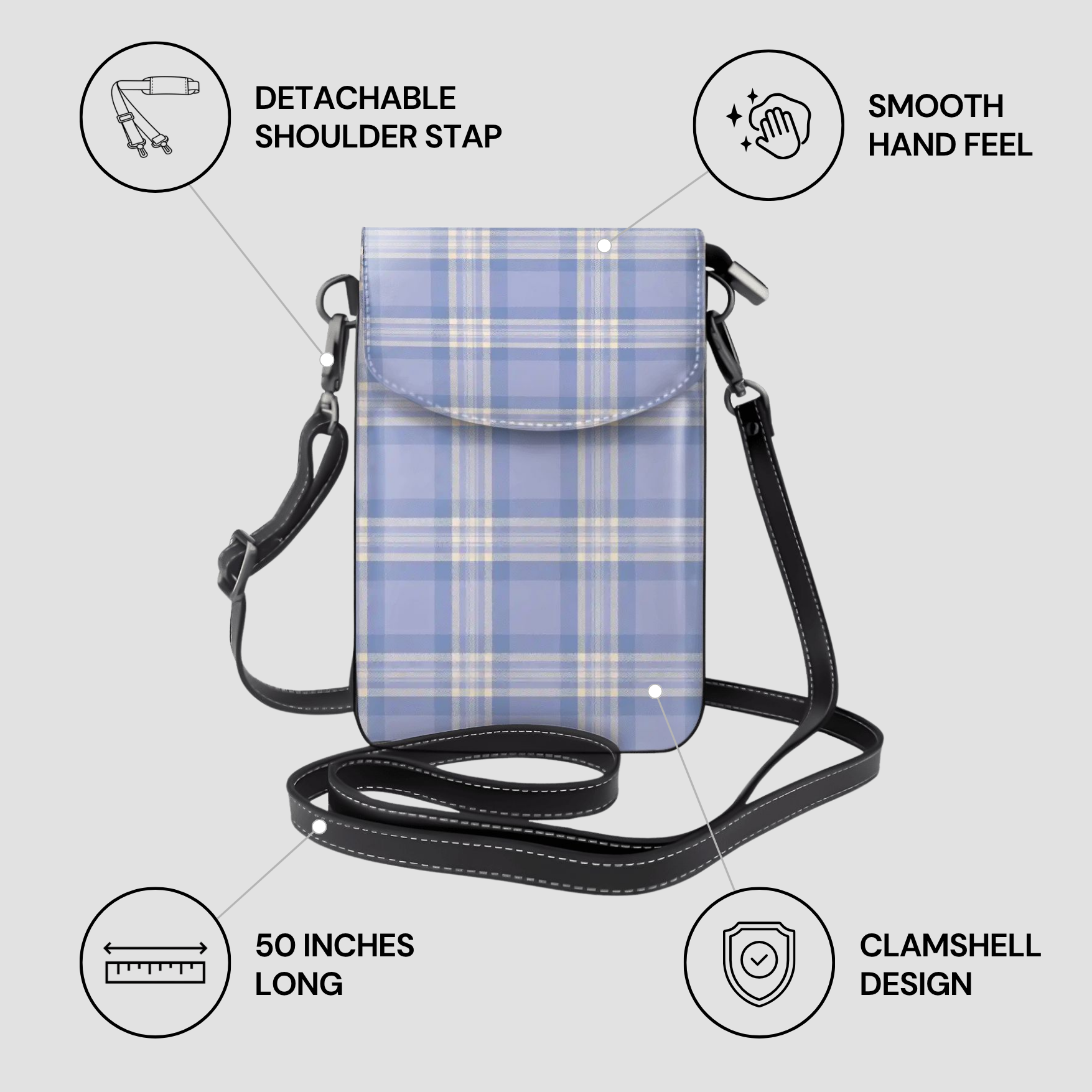 Blue plaid crossbody bag with features highlighted on a light gray background