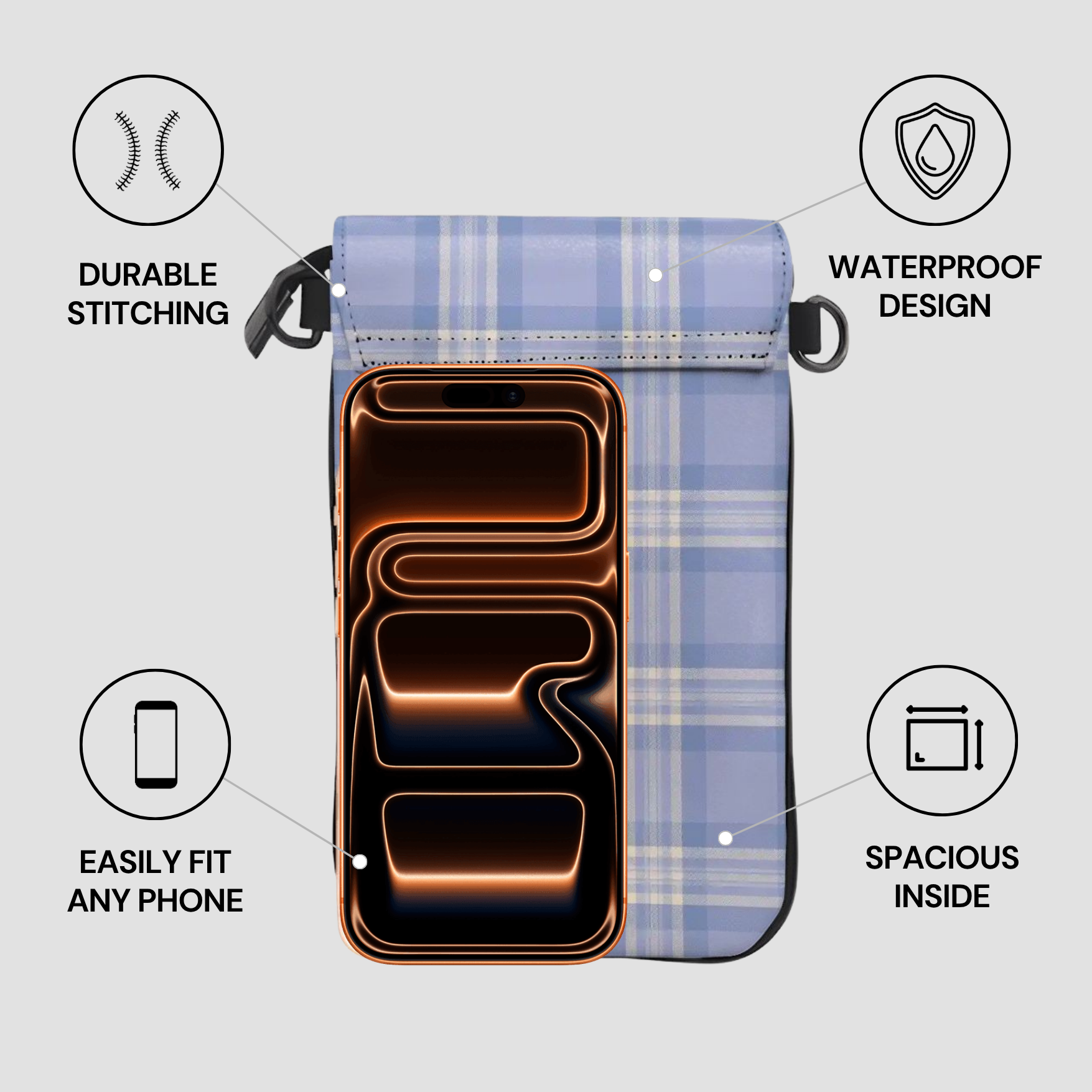 Blue plaid phone case with features highlighted on a gray background