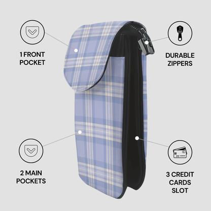 Blue plaid pouch with zippers and pockets on a light gray background