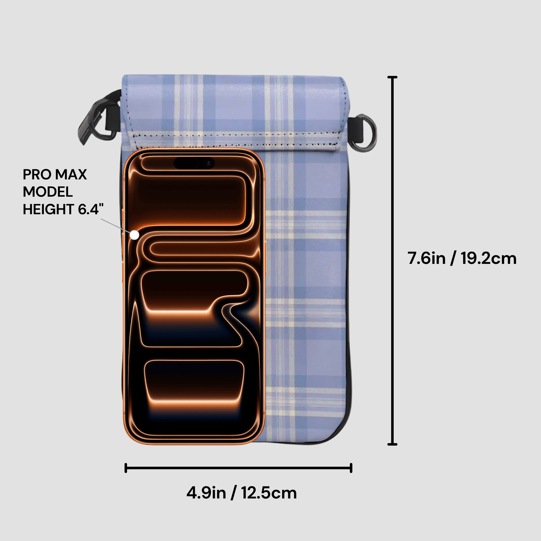 Phone case with plaid pattern and measurements on a light gray background