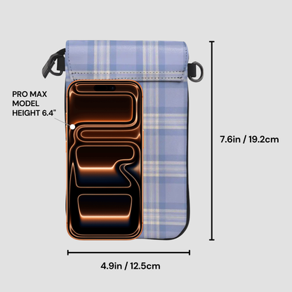 Phone case with plaid pattern and measurements on a light gray background