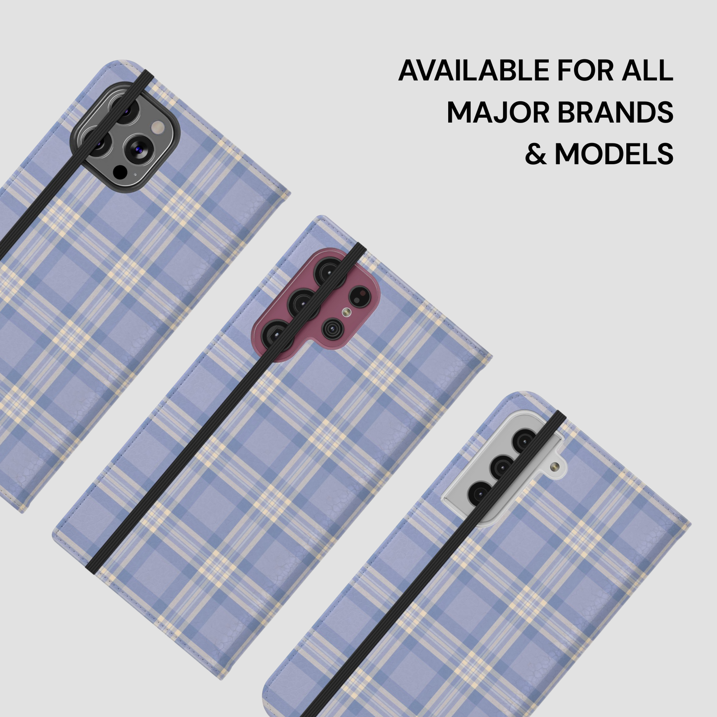 Plaid phone case with text 'Available for all major brands & models' on a light gray background
