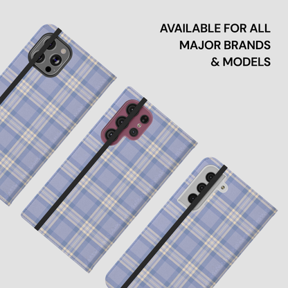 Plaid phone case with text 'Available for all major brands & models' on a light gray background