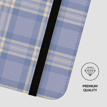 Blue plaid fabric with a black elastic band on a white background, featuring a 'Premium Quality' label.