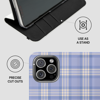 Phone case with stand feature and camera cutout on a white background