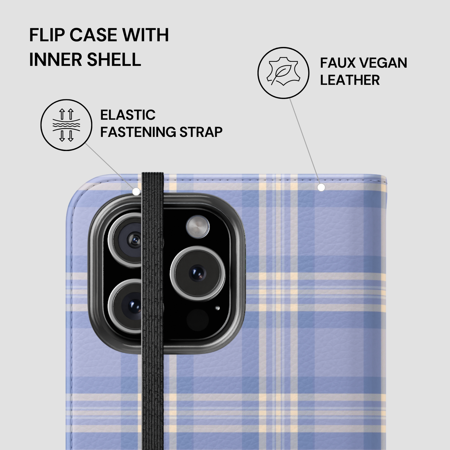 Blue plaid phone case with features highlighted on a white background