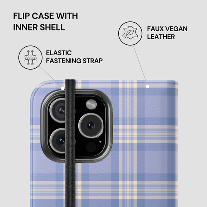 Blue plaid phone case with features highlighted on a white background