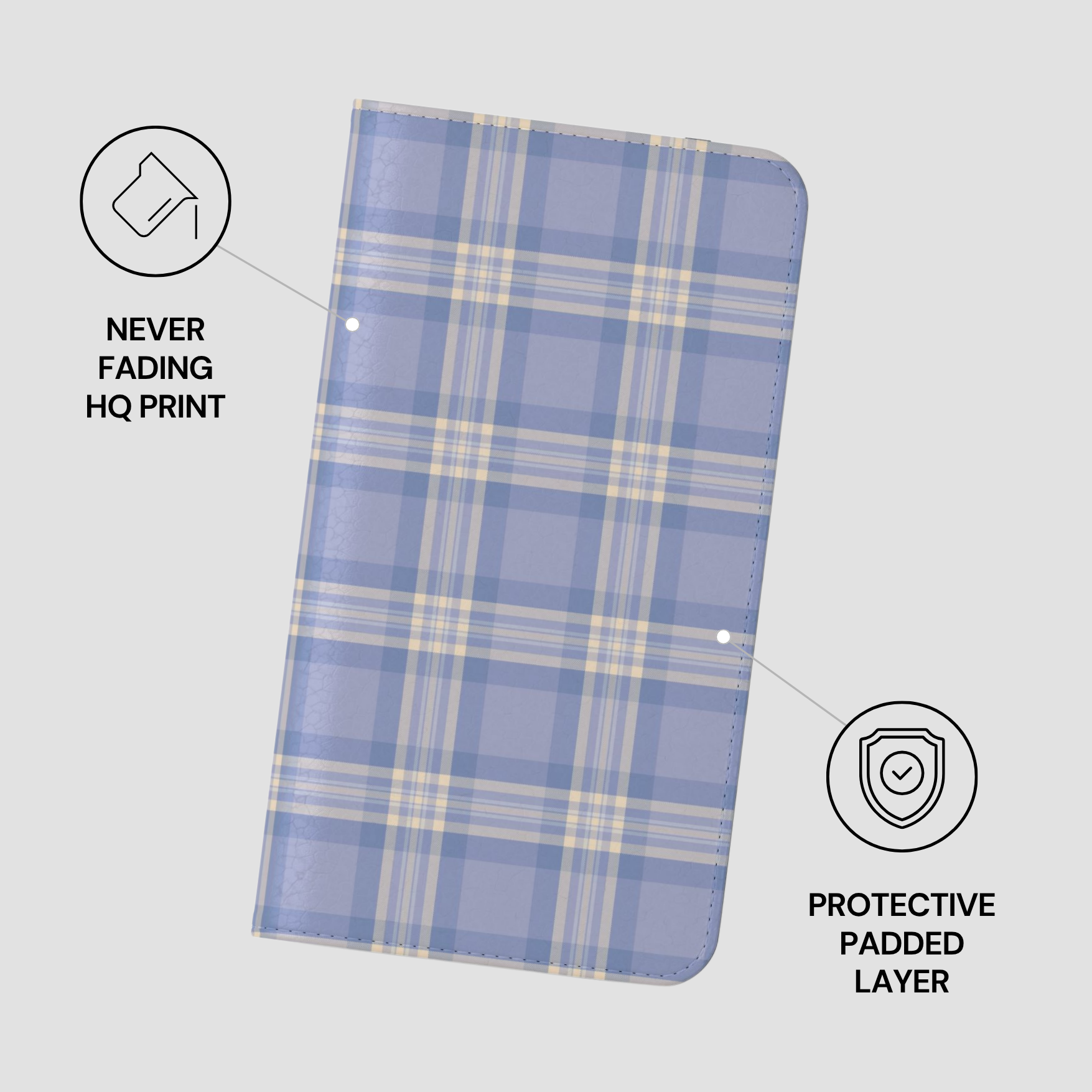 Blue and beige plaid phone case with protective features on a light gray background