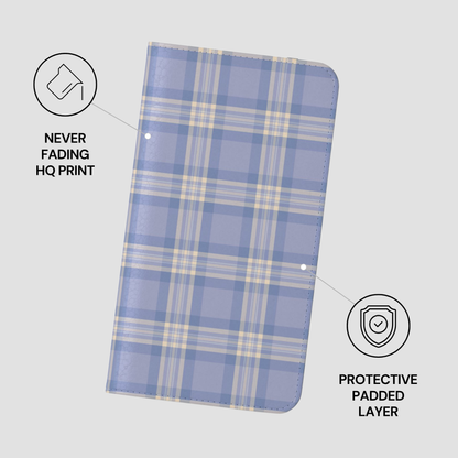 Blue and beige plaid phone case with protective features on a light gray background