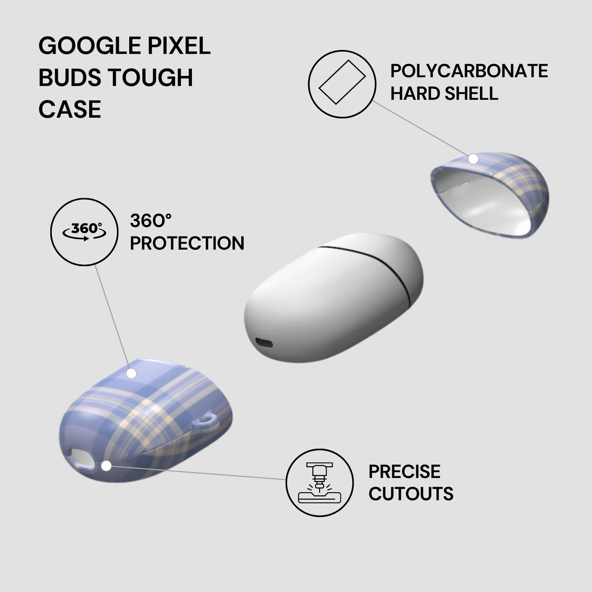 Google Pixel Buds Tough Case with features highlighted on a gray background