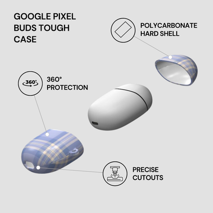 Google Pixel Buds Tough Case with features highlighted on a gray background