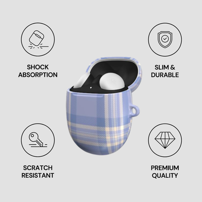 Blue plaid case with white sphere inside, featuring icons and text on a light gray background.