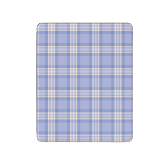 Rectangular mat with blue and white plaid pattern on a white background