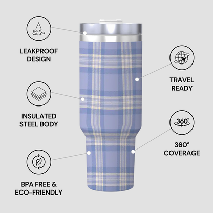 Plaid-patterned tumbler with features highlighted on a light gray background