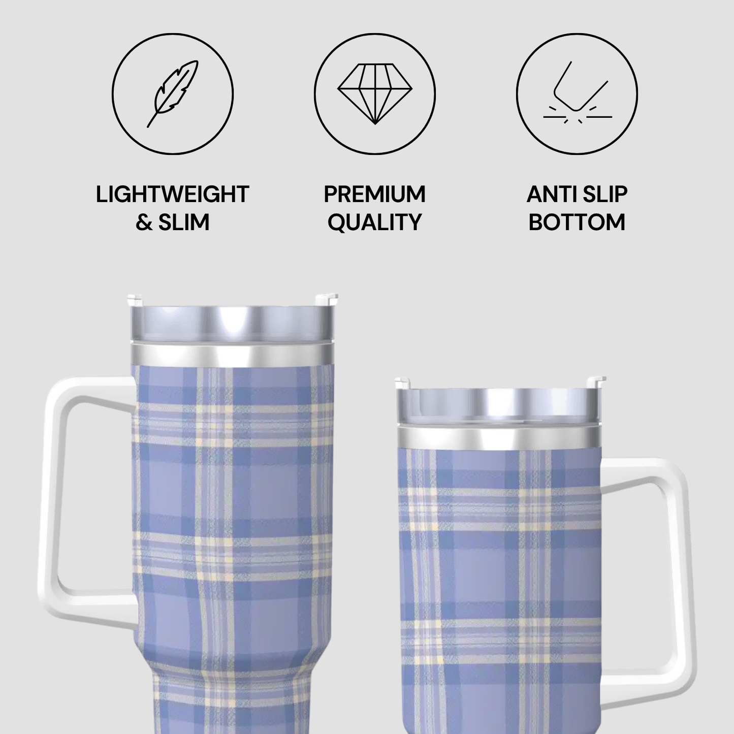 Two plaid-patterned tumblers with features listed on a gray background