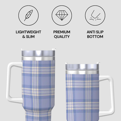 Two plaid-patterned tumblers with features listed on a gray background