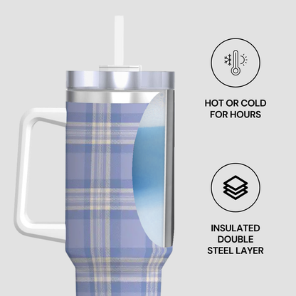 Plaid-patterned tumbler with insulated design features on a light gray background