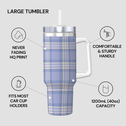 Blue plaid tumbler with features highlighted on a gray background