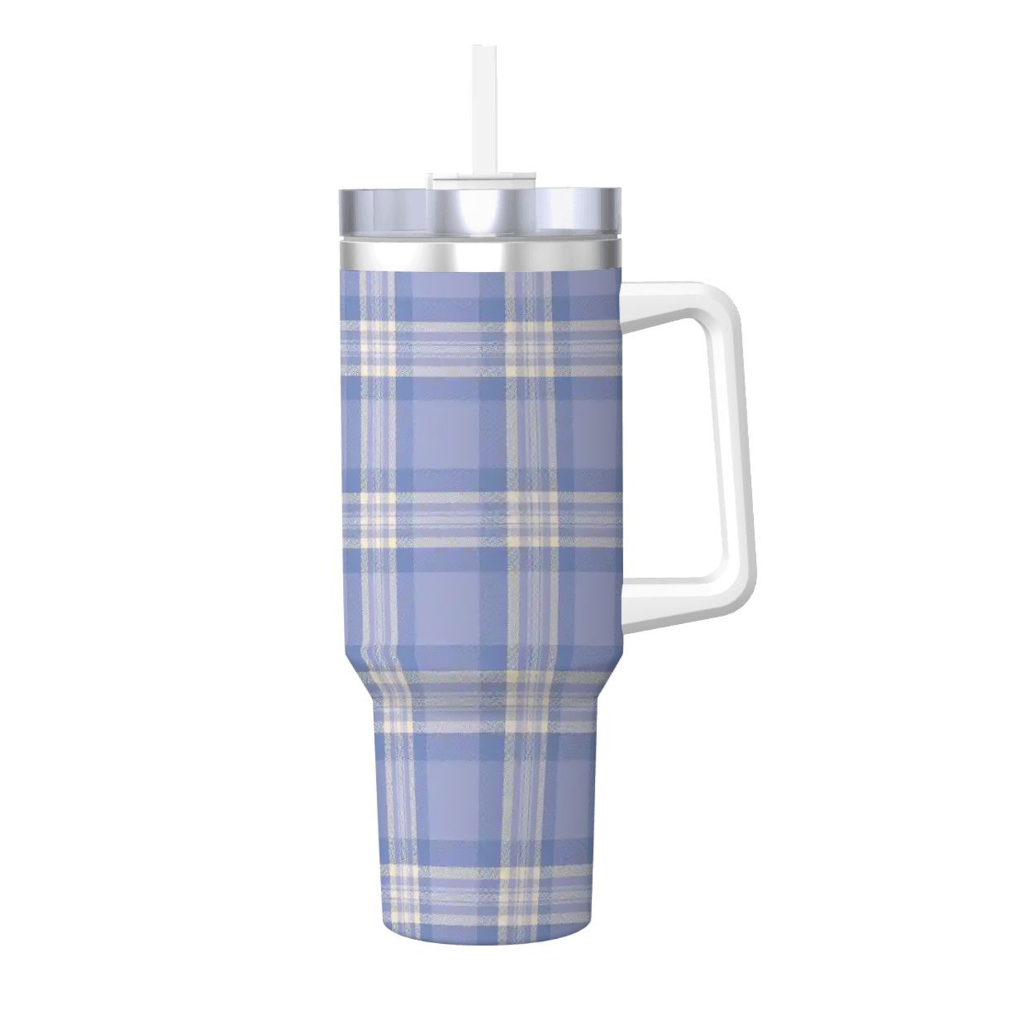 Plaid-patterned tumbler with a handle on a white background