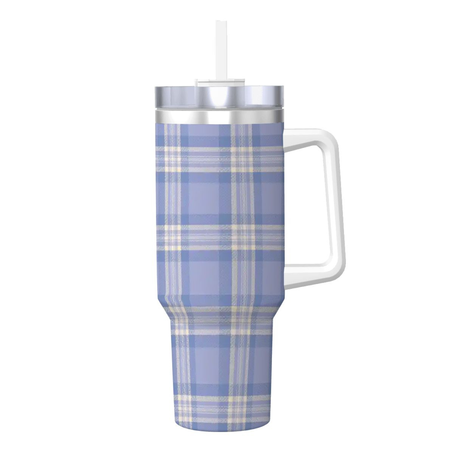 Plaid-patterned tumbler with a handle on a white background