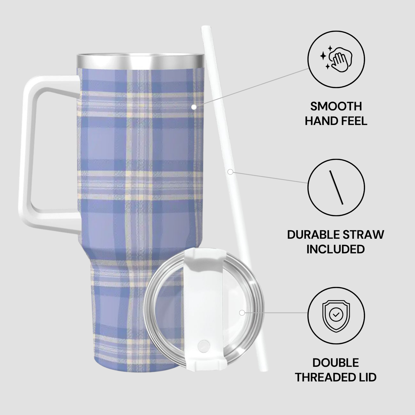 Plaid-patterned tumbler with features highlighted on a gray background