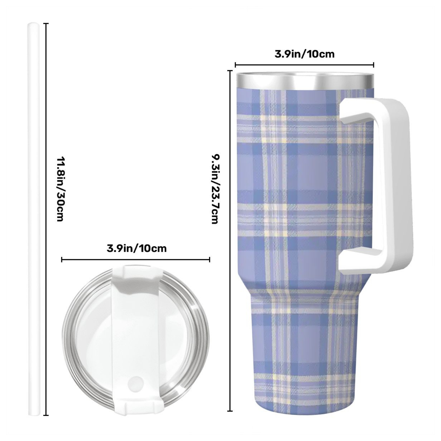 Plaid-patterned tumbler with measurements on a white background