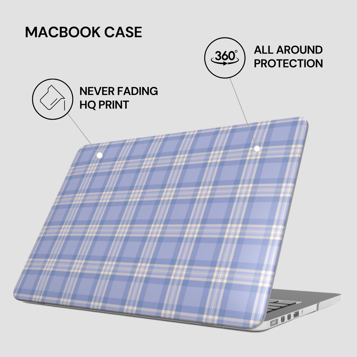Plaid patterned MacBook case with text highlighting features on a light gray background