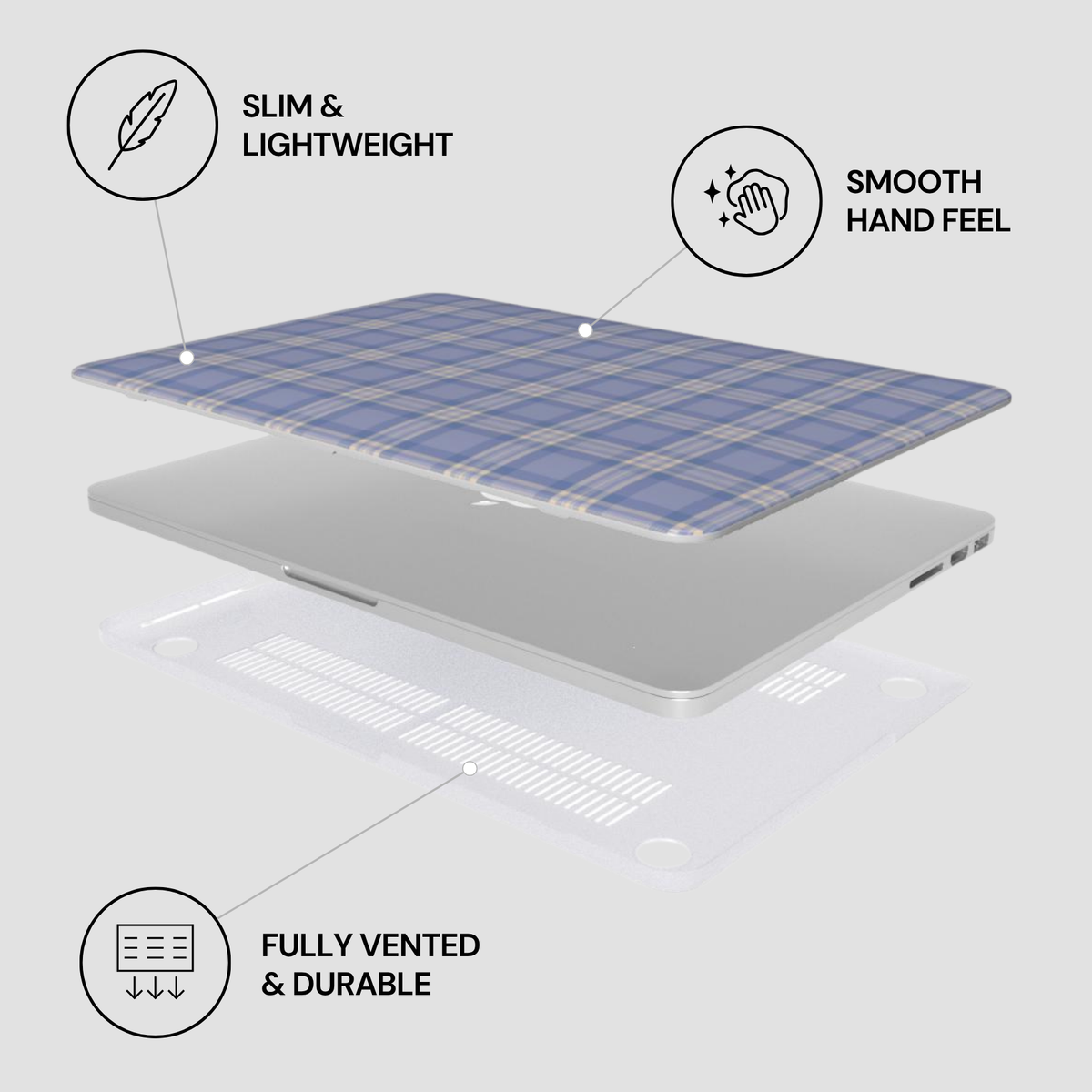 Laptop with features highlighted on a white background
