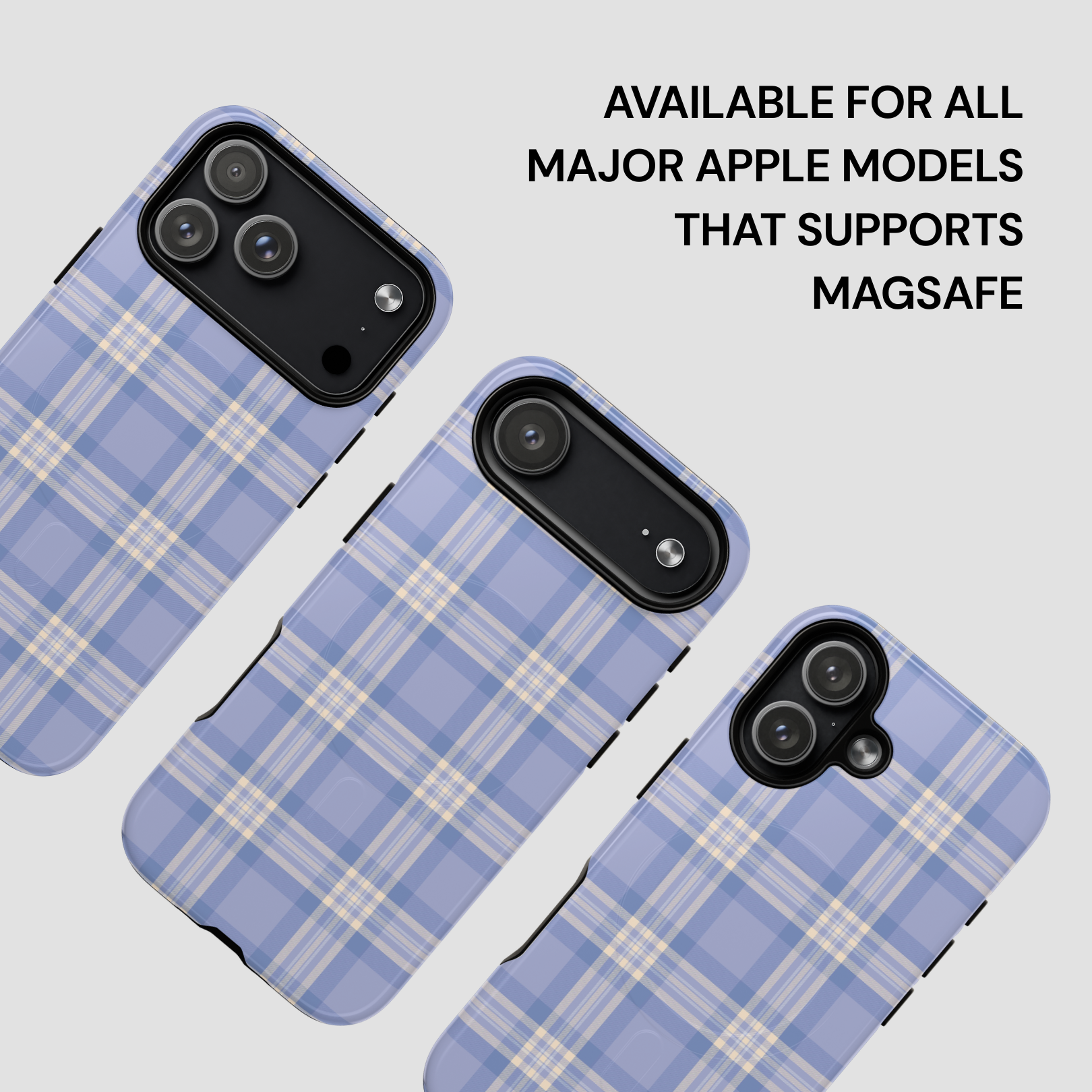 Blue plaid phone case with text indicating compatibility for Apple models supporting MagSafe.