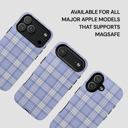 Blue plaid phone case with text indicating compatibility for Apple models supporting MagSafe.