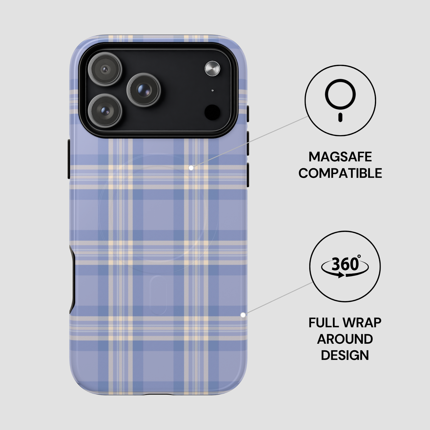 Plaid patterned phone case with Magsafe compatibility and 360-degree design features on a light gray background.