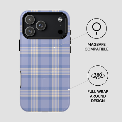 Plaid patterned phone case with Magsafe compatibility and 360-degree design features on a light gray background.