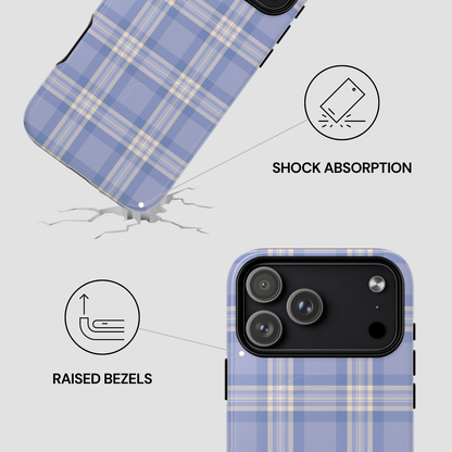 Blue plaid phone case with shock absorption and raised bezels features on a white background
