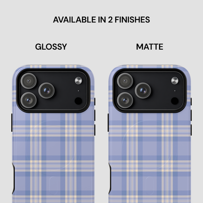 Two phone cases with blue plaid pattern, one glossy and one matte, on a light gray background.