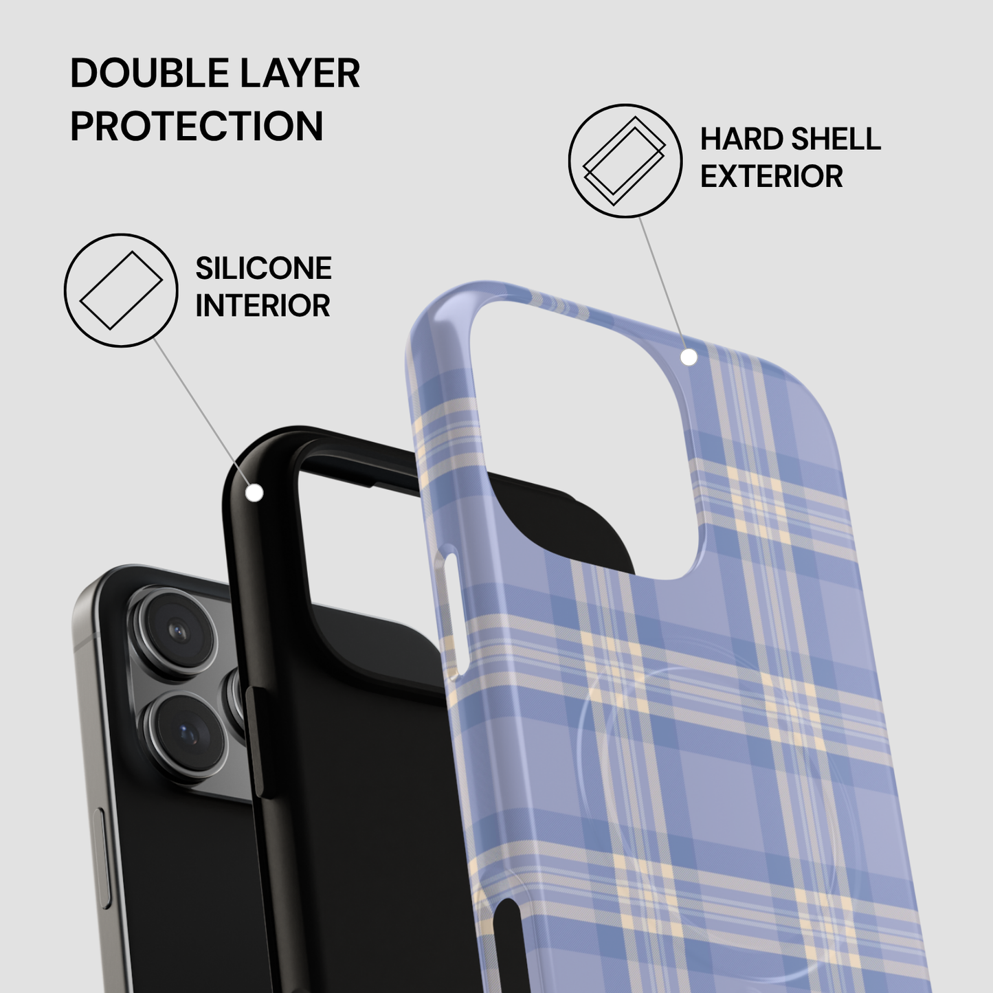 Phone case with plaid design and text highlighting double layer protection on a white background